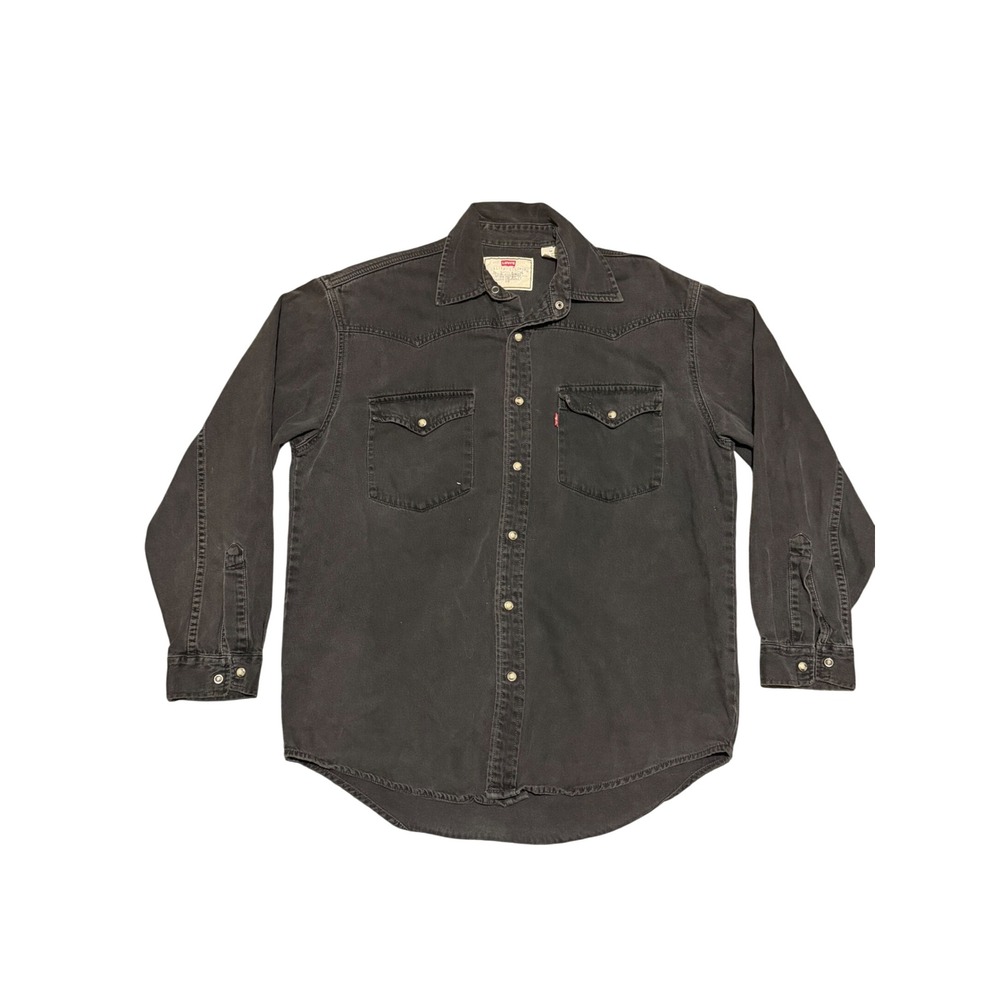 Levis Mens Western Shirt Medium Faded Black Denim Pearl Snap Long Sleeve Cotton
